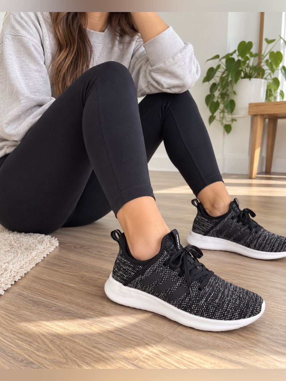 Adidas Cloudfoam Super Black Gray Knit Sneakers Lightweight Athletic Shoes